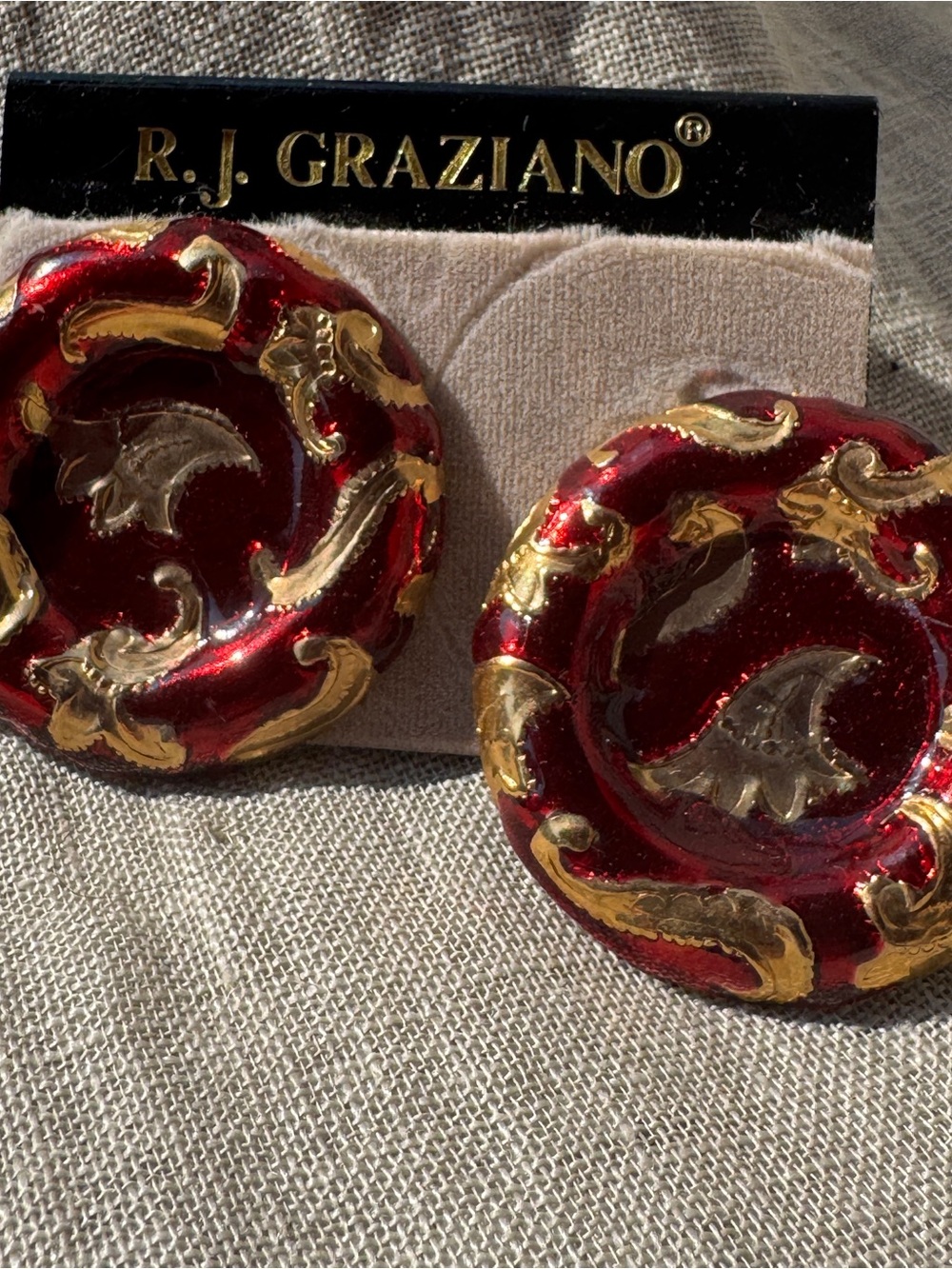 R.J. Graziano Red and Gold Ornate Round Clip Earrings